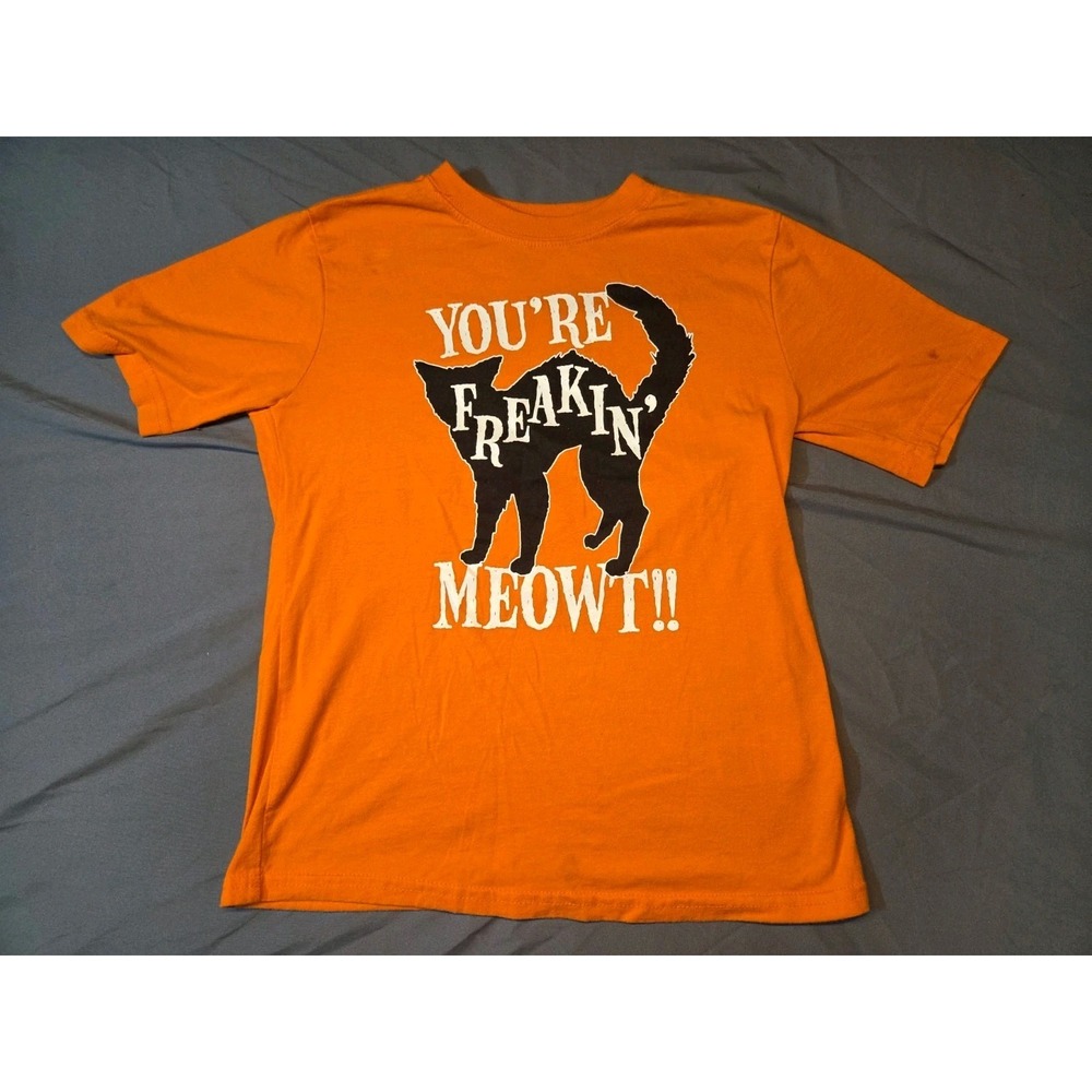 604 No Boundaries M Orange You're Freakin Meowt Halloween Cat Tee Small Spot